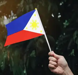 Pas cher stock 14*21cm extérieur National Philippines philippin mini main agitant le drapeau avec bâton pour la décoration