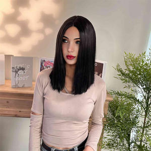 Perruque Bob <span class=keywords><strong>mi</strong></span>-longue, style européen américain, nouvelle tendance, noire, raie au milieu, <span class=keywords><strong>cheveux</strong></span> <span class=keywords><strong>courts</strong></span> et lisses - Product Image 4