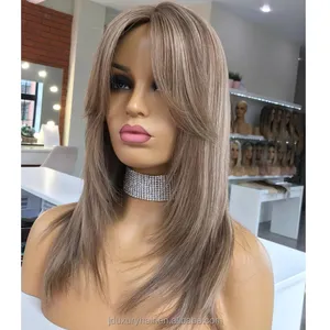 grade RUSSIAN human hair 14inch shoulder length Ash Blonde Ombre pelucas humanas Dark Roots 13x4/13x6 Lace Front Wig for Women