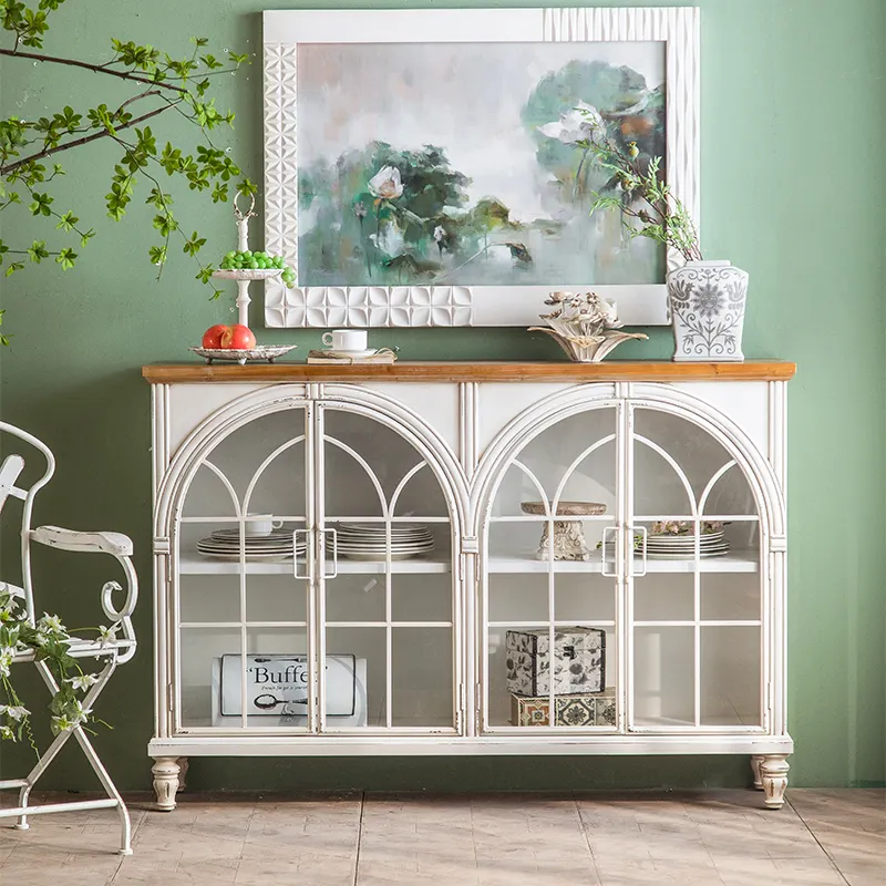 Accent Furniture Light Simple White Wood Living Room Modern Vintage Retro Arched Storage Cabinet With Glass Door