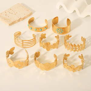 Brazalete Abierto de Lujo Chapado en Oro de 18K, Resistente al Agua, de Acero Inoxidable con Piedras Preciosas Naturales Auténticas, Brazalete Abierto Moderno - Product Image 5