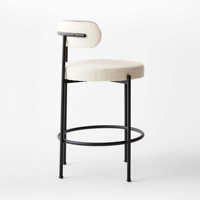 Tabouret de bar moderne en bouclette avec structure en métal noir, siège rond rembourré avec dossier, hauteur de comptoir, pour cuisine, îlot, hôtel, restaurant