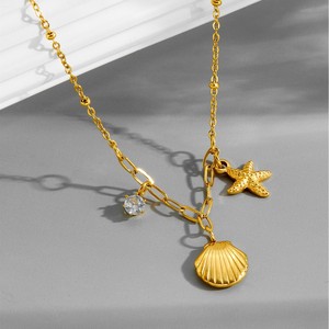 Pendentif unisexe en acier inoxydable plaqué or 18 carats PVD, étoile de mer, coquillage, cristal |   Ensemble de bijoux chaînes à breloques Océan et Plage, anti-ternissement - Product Image 1