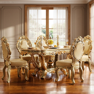 Java Wood Furniture Luxury 6-Seater Midcentury <b>Modern</b> <b>Dining</b> <b>Table</b> Set Handcrafted Mahogany Wood Royal Gold Leaf Carvings - Product Image 3