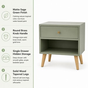 Table de chevet vert sauge, finition mate Japandi, bouton rond en laiton, un seul tiroir, pieds coniques en <span class=keywords><strong>chêne</strong></span>, style bohème minimaliste - Product Image 1