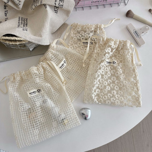 Lace <b>Drawstring</b> Cosmetic <b>Bag</b> Patterned Polyester <b>Makeup</b> Pouch With Floral Design For Beauty Storage - Product Image 4
