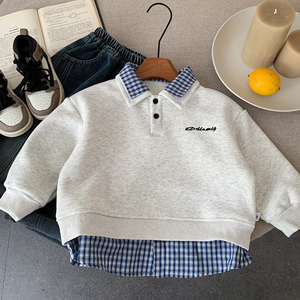<span class=keywords><strong>Sweat</strong></span>-shirt décontracté ample pour enfants, col à carreaux et alphabet brodé, hiver 2025 - Product Image 5