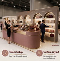 Stand modulaire en bois rose 10x20 pour cosmétiques, stand personnalisé Cosmoprof Amérique du Nord avec bandes LED flexibles à luminosité 3000k