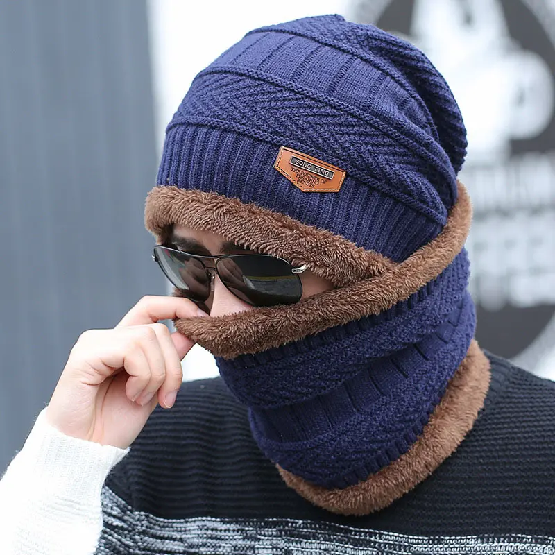 Wholesale Soft Wool Neck Warm Fleece Plush Lined Hats Men Women Winter Beanie Knitted Cap Hat Scarf Set