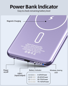 טעינה מהירה 5000mah כוח בנק מגנטי מגנטי סגול אלחוטי pd20w מתכת הוביל מנורה רזה בנק כוח עבור iPhone 16 15 Samsung - Product Image 6
