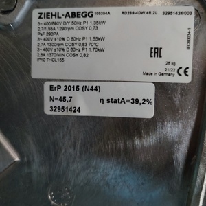 Ventilateur centrifuge de refroidissement pour centre de données HVAC ZIEHL-ABEGG RD28S-4DW.4R.2L 105354A 460/690V 50Hz 1.35KW 2.70/1.55A 1290RPM AHU - Product Image 4