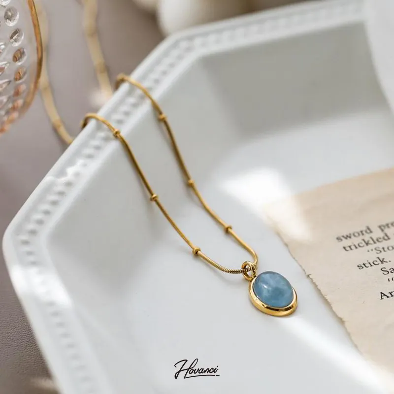 HOVANCI Women 18K Gold Plated Stainless Steel Jewelry Oval Ellipse Blue Sapphire Aquamarine Natural Jade Stone Pendant Necklace