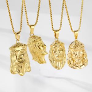 Vente en gros Collier religieux pour hommes en acier inoxydable plaqué or 18 ct vintage hip hop, pendentifs boussole fleur d'ange - Product Image 3