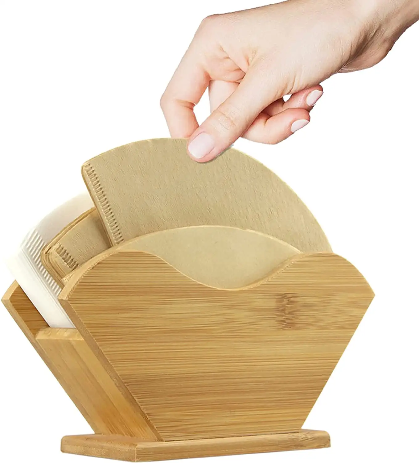 Soporte de filtro de papel de café de bambú personalizado al por mayor, almacenamiento de papel de café para filtros cuadrados en forma de cono