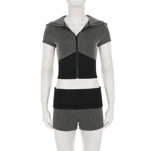Sporty Casual Black White Stripe Color Block Zip <b>Knit</b> <b>Set</b> Zipper Hoodie Cardigan and Shorts Two Piece Outfit for Women - Product Image 6