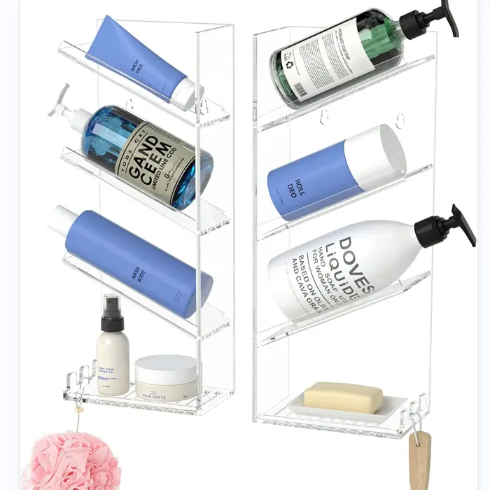 Custom Clear Acrylic Bathroom Organizer Shower Caddy Wall Mounted Shampoo Holder Shelf