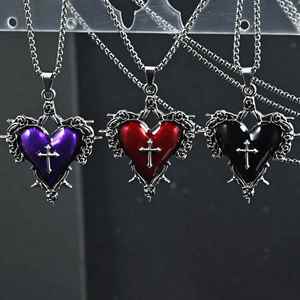 Vintage Dark Thorn Rose <b>Cross</b> Necklace for Women Gothic Punk Necklace Women <b>Men</b> Punk Necklace Thorn Red Heart Pendant Necklace - Product Image 2