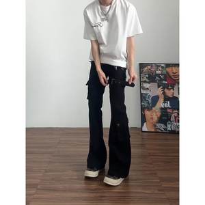 Summer Black Vibe Lace-Up Flared Cargo Jeans for Men Cleanfit American High Street <b>Bell</b>-Bottom Long Pants - Product Image 5