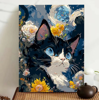 Kit de peinture par numéros - Chat, nuit étoilée, fleurs - Peinture acrylique DIY pour adultes débutants - 40x50cm - Avec ou sans cadre