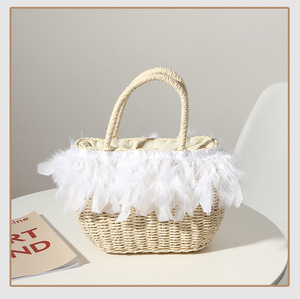 Pochette de Shopping en papier, tissée à la main avec Crochet de <span class=keywords><strong>plage</strong></span>, de Style bohémien, sac à main seau à cordon décoratif en plume, nouvelle collection - Product Image 4