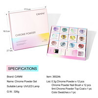 12 pièces/lot Poudre Métallique Chrome CANNI pour Nail Art, Effet Miroir, Pigment Métallique, Poudre Chrome avec Top Coat et Pinceau
