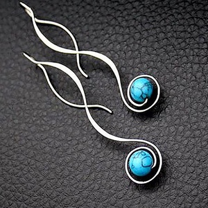 Boucle d'oreille longue Vintage pour femmes, bijoux bohèmes, en pierre Turquoise bleue ethnique, <span class=keywords><strong>pendentif</strong></span> - Product Image 1