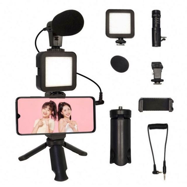 Professional Vlogger Kit Vlogging Equipment Condenser Microphone Noise Cancelling LED Fill Light Tripod Stand Portable
