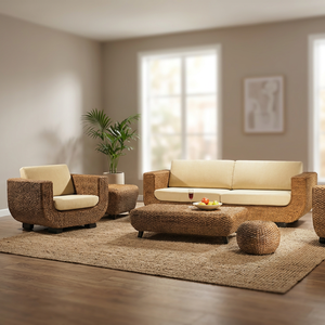 Juego de Sofás de Mimbre de Ratán, Jacinto de Agua, Pasto Marino y Plátano, Muebles en Forma de U para Interiores - Product Image 3