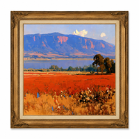 Pintura al Óleo Original Vintage Impresionista de Paisaje, Montaña Azul y Campo Rojo, con Marco de Madera, Arte de Pared para Hotel, Villa, Sala de Estar