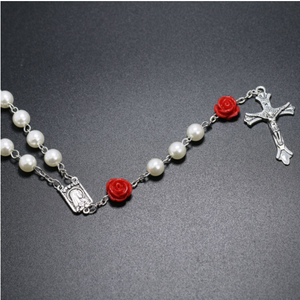 Rosario Perla de plástico Cuentas de 8mm con cuentas de flores rosas Medallas de Nuestra Señora de <span class=keywords><strong>Lourdes</strong></span> Jesús Cruz Cristo María Collar para orar - Product Image 3