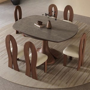 Mesa de comedor redonda extensible de madera maciza estilo Wabi Sabi con juego de 4 sillas para comedor y uso doméstico - Product Image 2