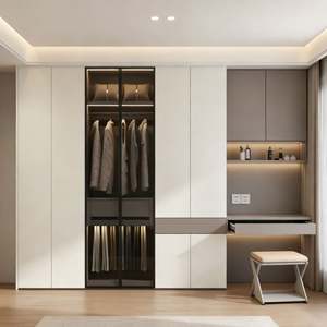 Hardwood Modern Hinge-Door Closet Customized Wooden <b>Wardrobe</b> With Glass-Front <b>Storage</b> & Integrated Vanity Station - Product Image 4