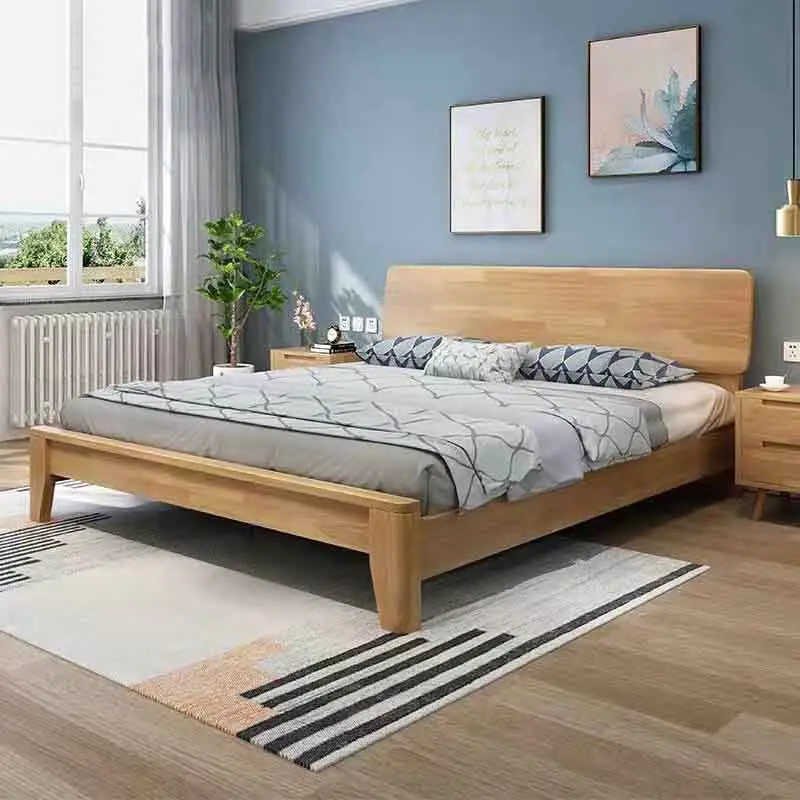 Juego de dormitorio moderno de madera maciza con marco doble Queen, cama de madera brillante con almacenamiento