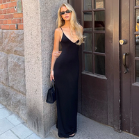Robe longue noire élégante pour femme, à fines bretelles, col en V, coupe ajustée, dos nu, style moulant, vente en gros, personnalisable