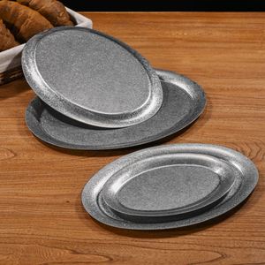Japanese Retro Oval <b>Tray</b>, 304 Stainless Steel Oval Plate, Distressed Finish, Custom Logo for Restaurant, Dessert,<b>BBQ</b> - Product Image 1