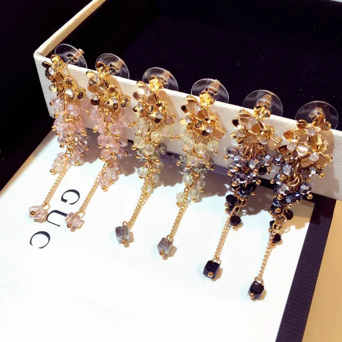 Long Exaggerated Handmade Earrings Metal Flower Beads Connected Tassel Super Beautiful Shiny Earrings