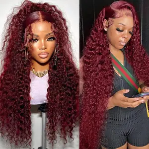 13x4 Burgundy Deep Wave Lace Front Wigs Human Hair 180% Density 99J HD Transparent Lace Frontal Glueless Human Hair Wigs