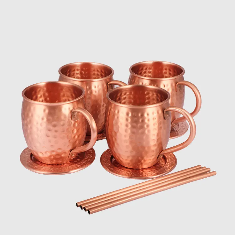 Food Safe Hammer Point 100% Stainless Steel Pure Copper Cup Moscow Mule Mugs Set of 4, 16oz Authentic Handcrafted Mugs