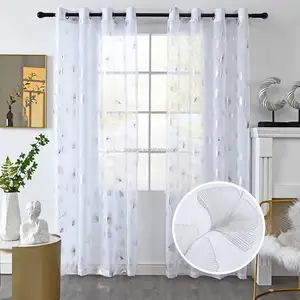 2023 New Design Sheer Curtains Polyester Fabric Ginkgo Leaf Sliver Foil Printed Sheer Curtain Soft Voile Fabric