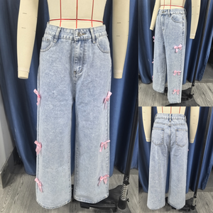 J60-2 <span class=keywords><strong>Jean</strong></span> large pour femme au design chic, avec nœud décoratif, coupe droite, en denim délavé, taille haute, décontracté - Product Image 5