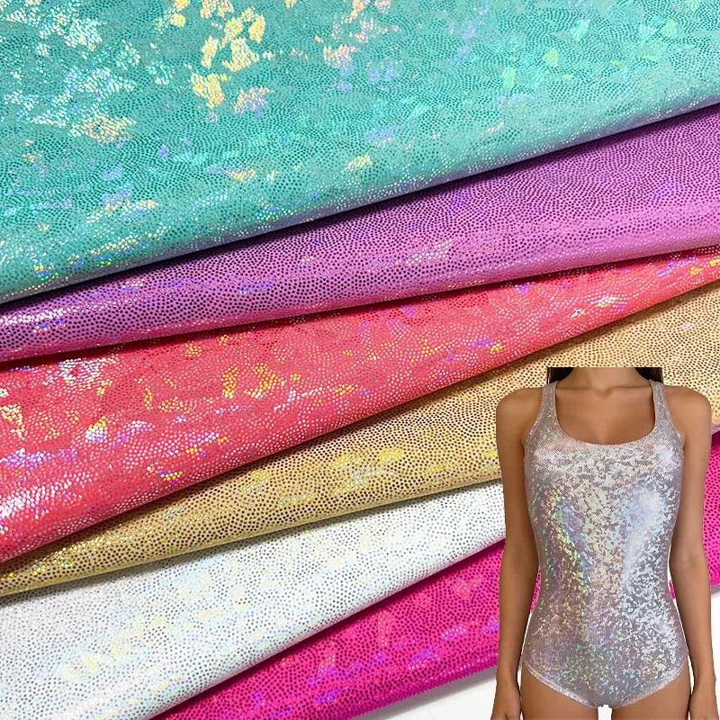 Low MOQ Glitter Mystique Holographic Metallic Foil Stretch Nylon Spandex Fabric for Underwear Beachwear Dresses