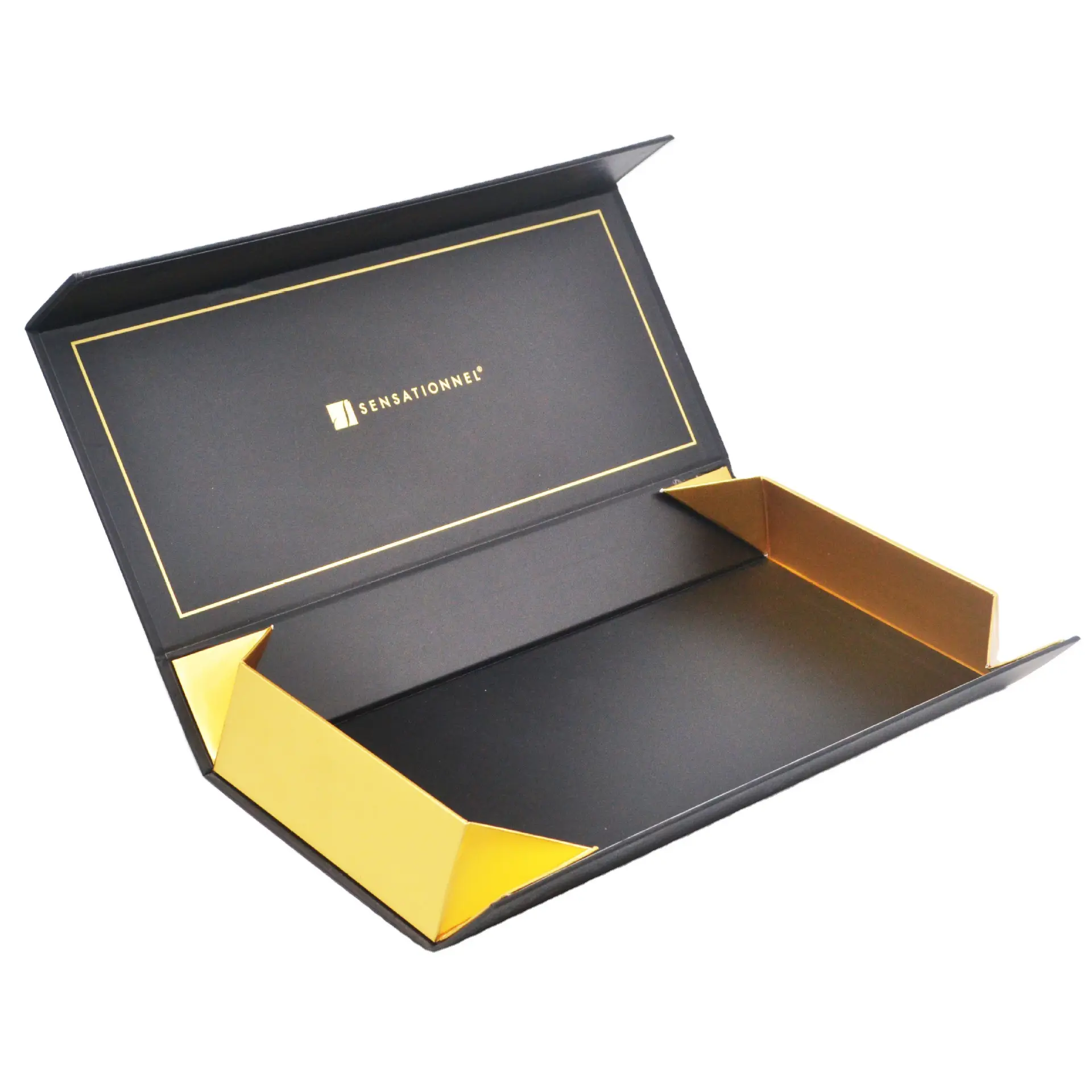Kemasan Kotak Hadiah Magnet Foil Emas Timbul Hitam Lipat MOQ Rendah dengan Foil Emas