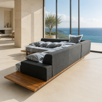 Canapé d'extérieur modulable en teck de luxe moderne, gris foncé, rembourré, en forme de L, mobilier de patio à profil bas pour villa et complexe hôtelier