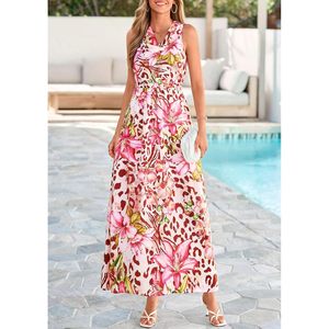 Robe florale pour femme, sans manches, col bénitier, longue, coupe trapèze, en mousseline, idéale pour les occasions formelles, les mariages ou l'été - Product Image 6