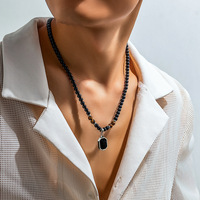 Collier vintage en perles acryliques noires avec pendentif carré, collier tendance pour homme, collier en perles œil de tigre pour homme, cadeau