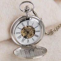 Montre de poche mécanique à design ajouré, double mouvement Hunter, avec chaîne