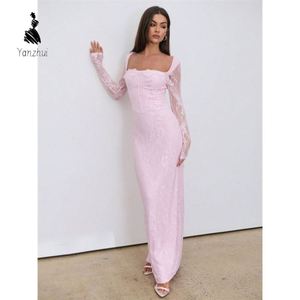 Quadratischer Ausschnitt Spitzen-Patchwork Schlitz-Taille Figurbetontes Langarm-Bodycon-Kleid mit Reißverschluss für Gesellschaftsanlässe - Product Image 4