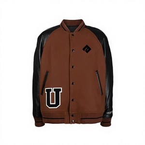Chaqueta Varsity Marrón para Hombre con Mangas de PU Negras, Diseño de Parche con Logotipo U en la Parte Delantera, Cuello Camisero, Estilo Casual, Ropa de Otoño - Product Image 1