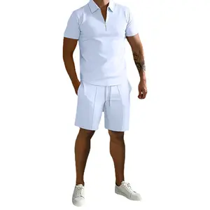 Wholesale Spring And Autumn Men's Lapel Zipper Short Sleeve Polo Shirt Sports Pants 2-Piece Suit For Men