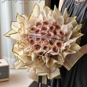 Papier d'emballage pour fleurs de luxe 2024, 58*58cm, film brillant, design à bord doré, imprimé, pour fleuristes - Product Image 6